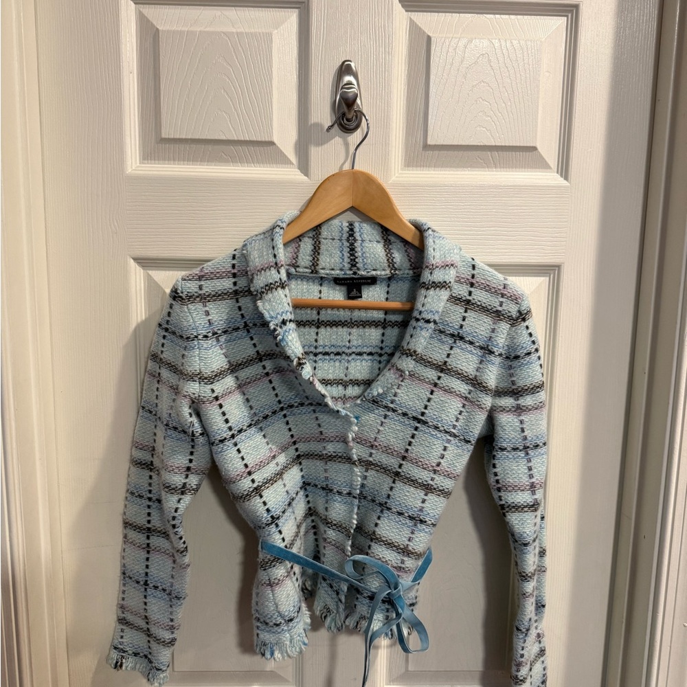 Banana Republic Small Aqua Blue Plaid Jacket Cardigan with Fringe Accents